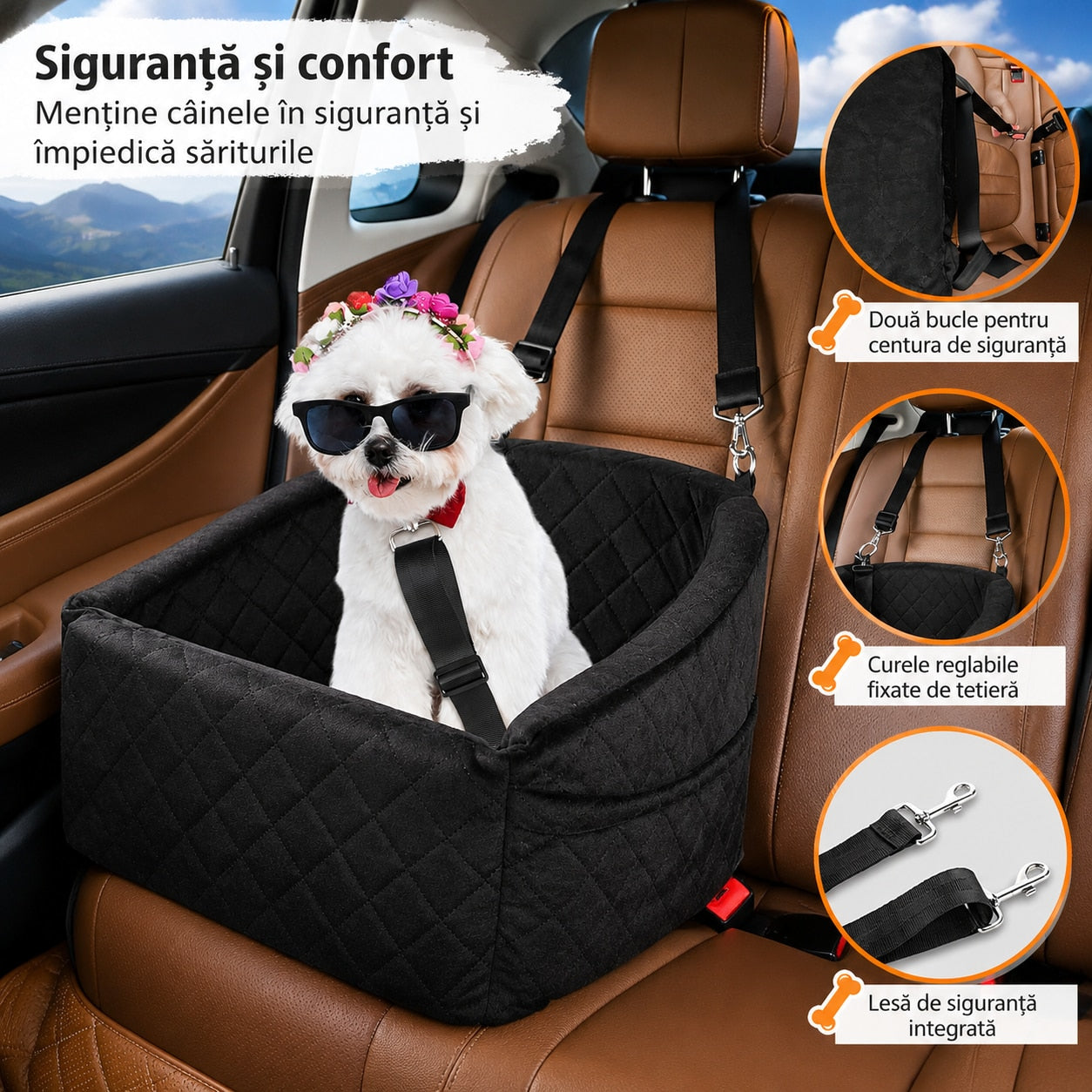 Scaun auto pentru caini NextWave®, detasabil si lavabil, pentru animale de pana la 13,6 kg, cu centura de siguranta, curele – imaginea 3