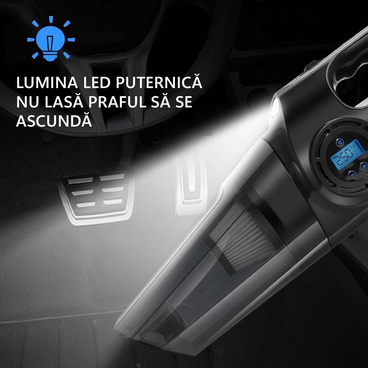 Aspirator Auto si Compresor Portabil Multifunctional cu Acumulator, Functie de Aspirare Umeda si Uscata, Umflare Roti cu – imaginea 3