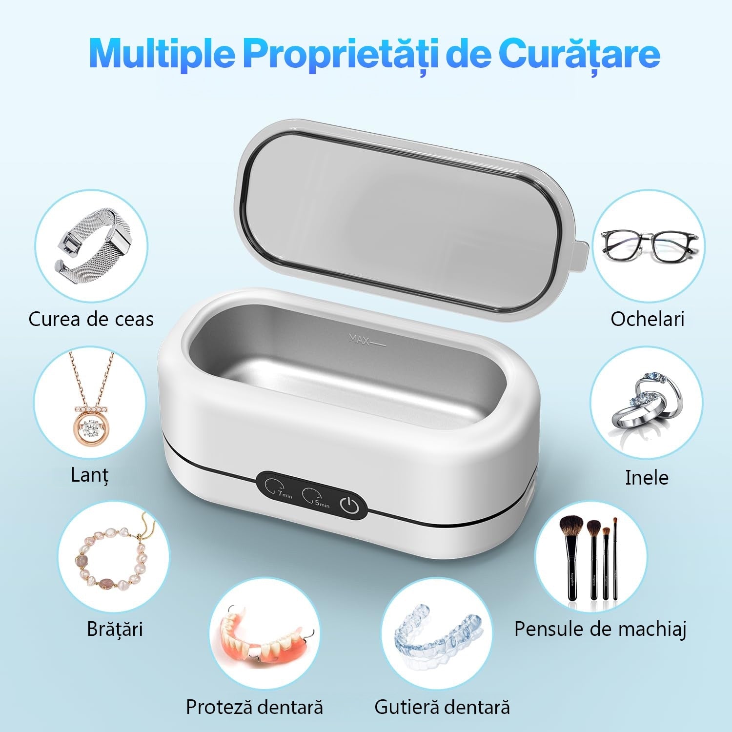 Sterilizator Ultrasonic Profesional 48kHz pentru bijuterii, Proteze, Ochelari, Ceasuri, Monede, Sticla, 2 moduri de – imaginea 3