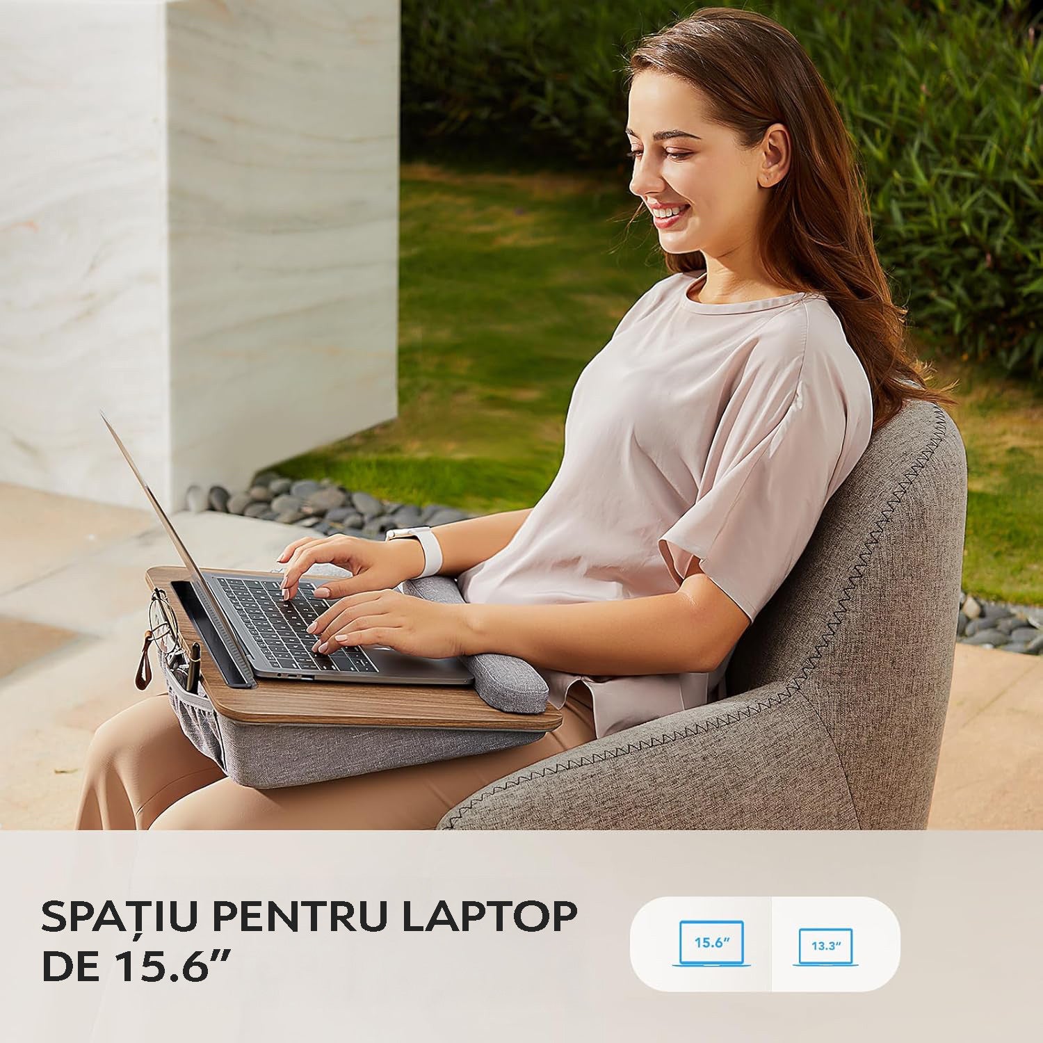 NextWave® Masa Portabila pentru Laptop cu Perna Ergonomica, Suport Telefon, Spatiu pentru Mouse, Suprafata Antiderapanta – imaginea 3