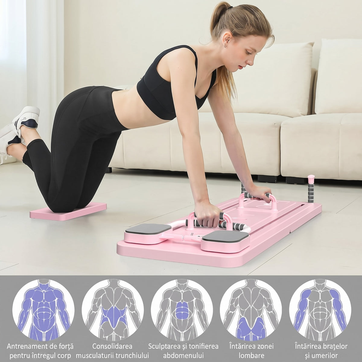 Placă Reformer Pilates pliabilă NextWave®️, antrenament complet pentru corp, sistem multifuncțional 5 în 1 cu benzi elastice – imaginea 3