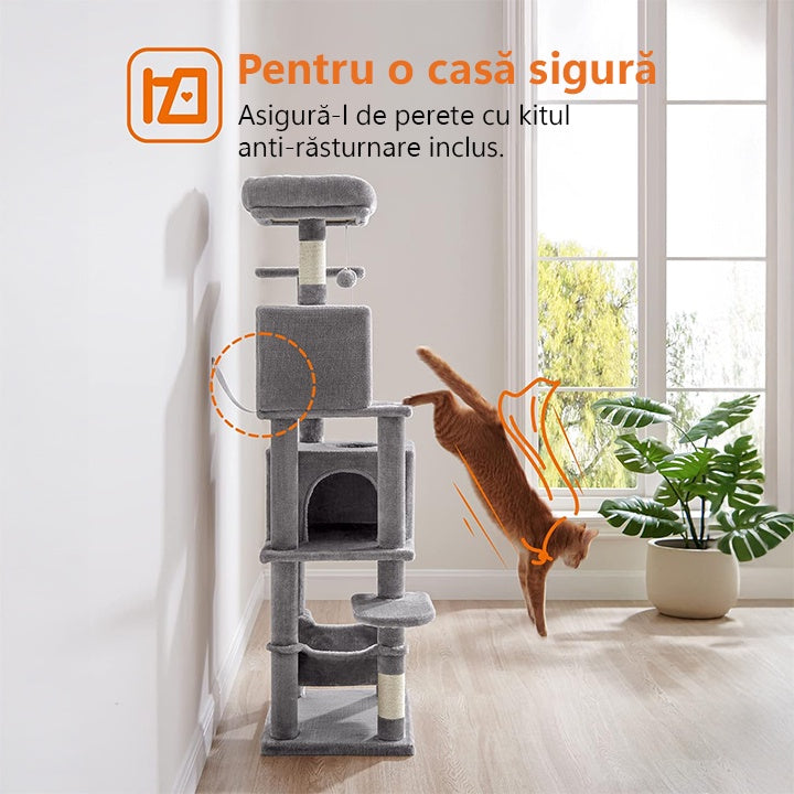 Ansamblu de Joaca pentru Pisici NextWave®, tip turn, 2 platforme de observatie, 3 niveluri, 2 casuta, 5 stalpi pentru – imaginea 3