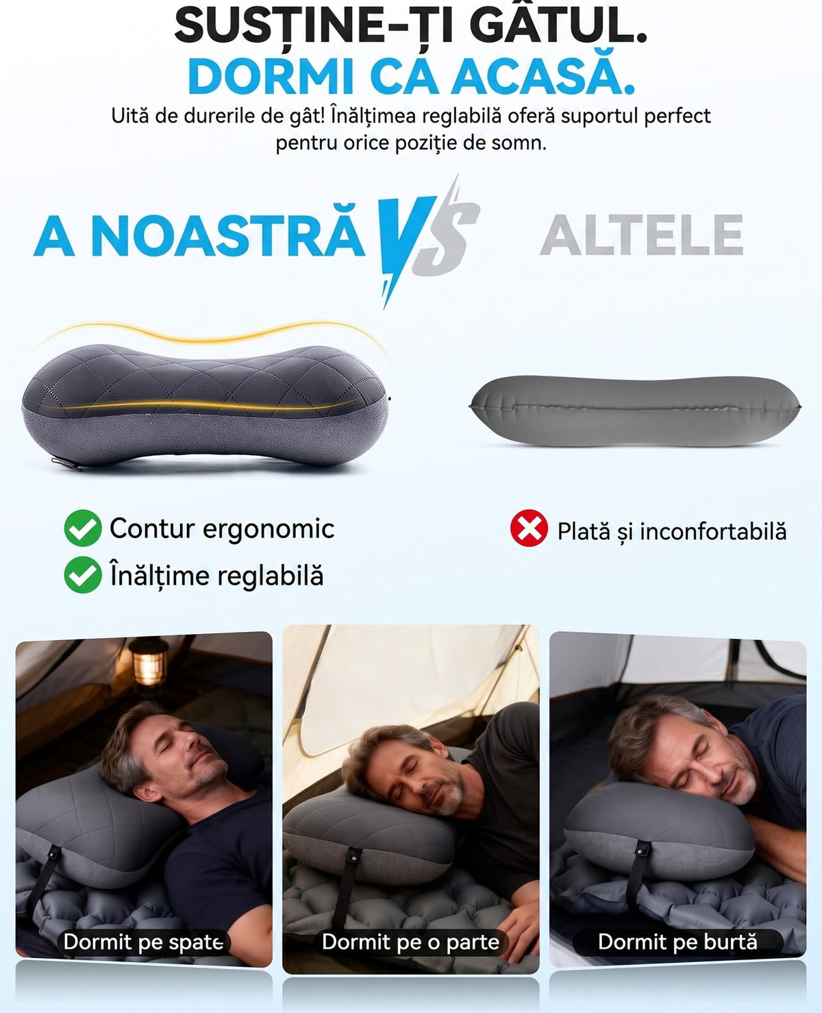 Pernă gonflabilă de camping NextWave®️, suport cervical ergonomic, supapă One-Click de umflare rapidă, bandă elastică – imaginea 3