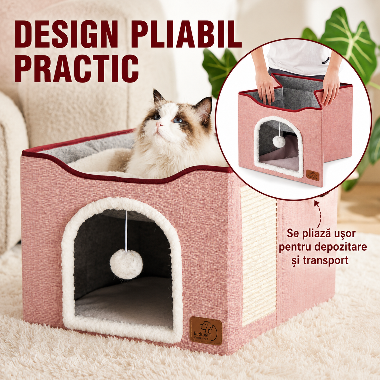 Casa pentru pisici NextWave® cu doua zone, bila pufoasa si zona de zgariat, Pliabila, Moale si pufoasa, Respirabila, Usoara – imaginea 3