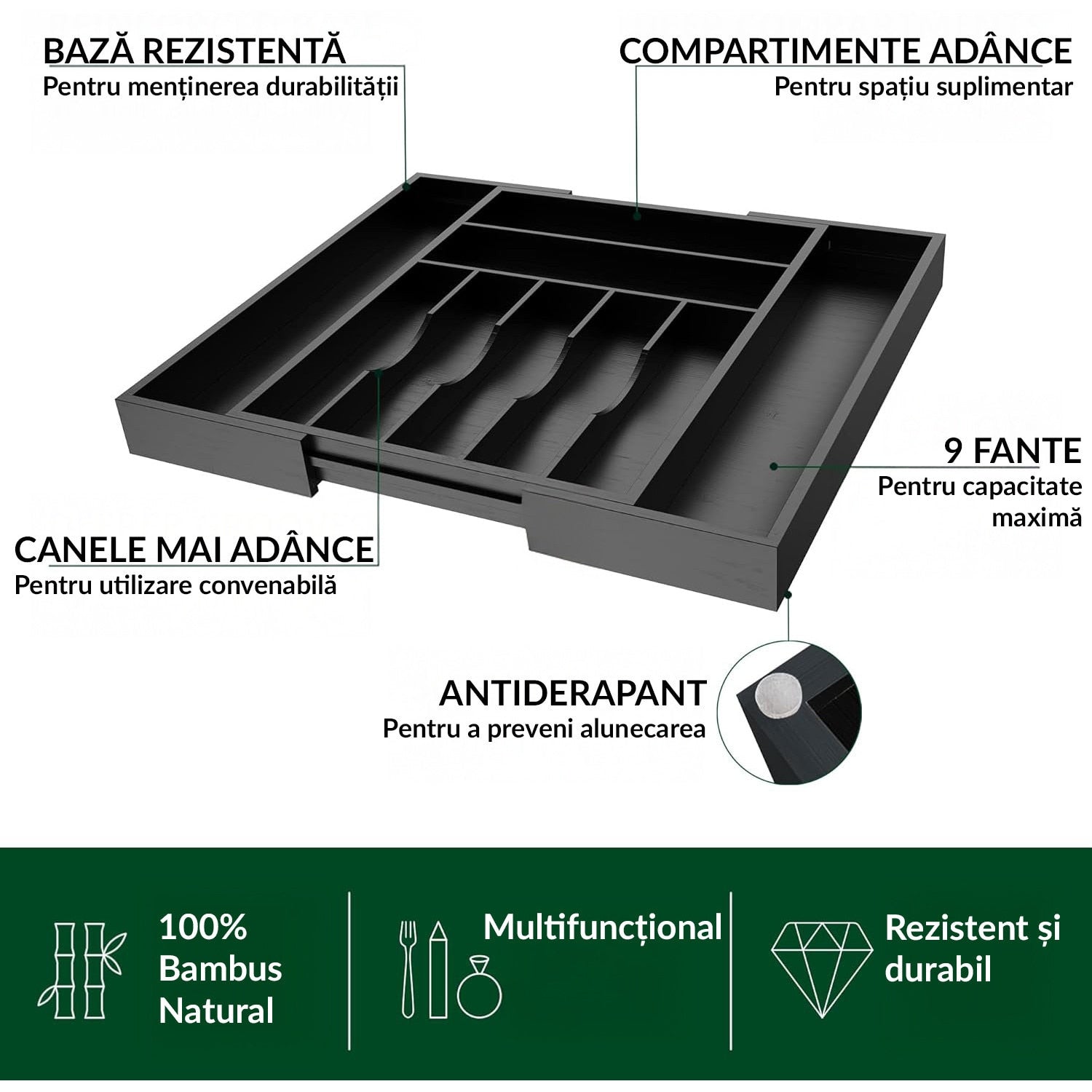 Organizator extensibil pentru tacamuri si ustensile NextWave – bambus natural lacuit, finisaj negru elegant, 9 compartimente – imaginea 3