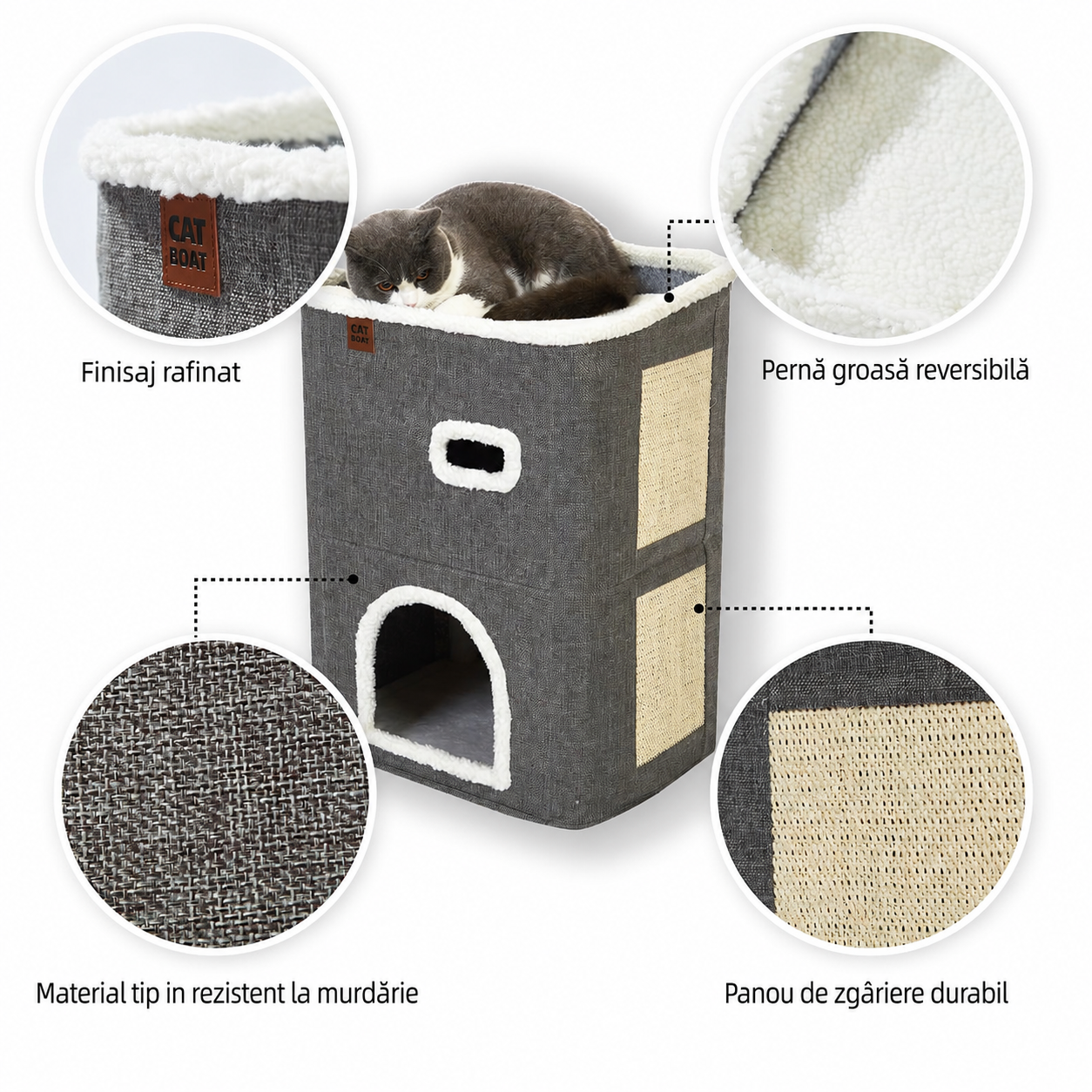 Casa Pisici NextWave®, Casuta Pliabila Tip Pestera, Pat Interior cu Platforma Superioara, Ansamblu de Zgariat Sisal, Minge – imaginea 3