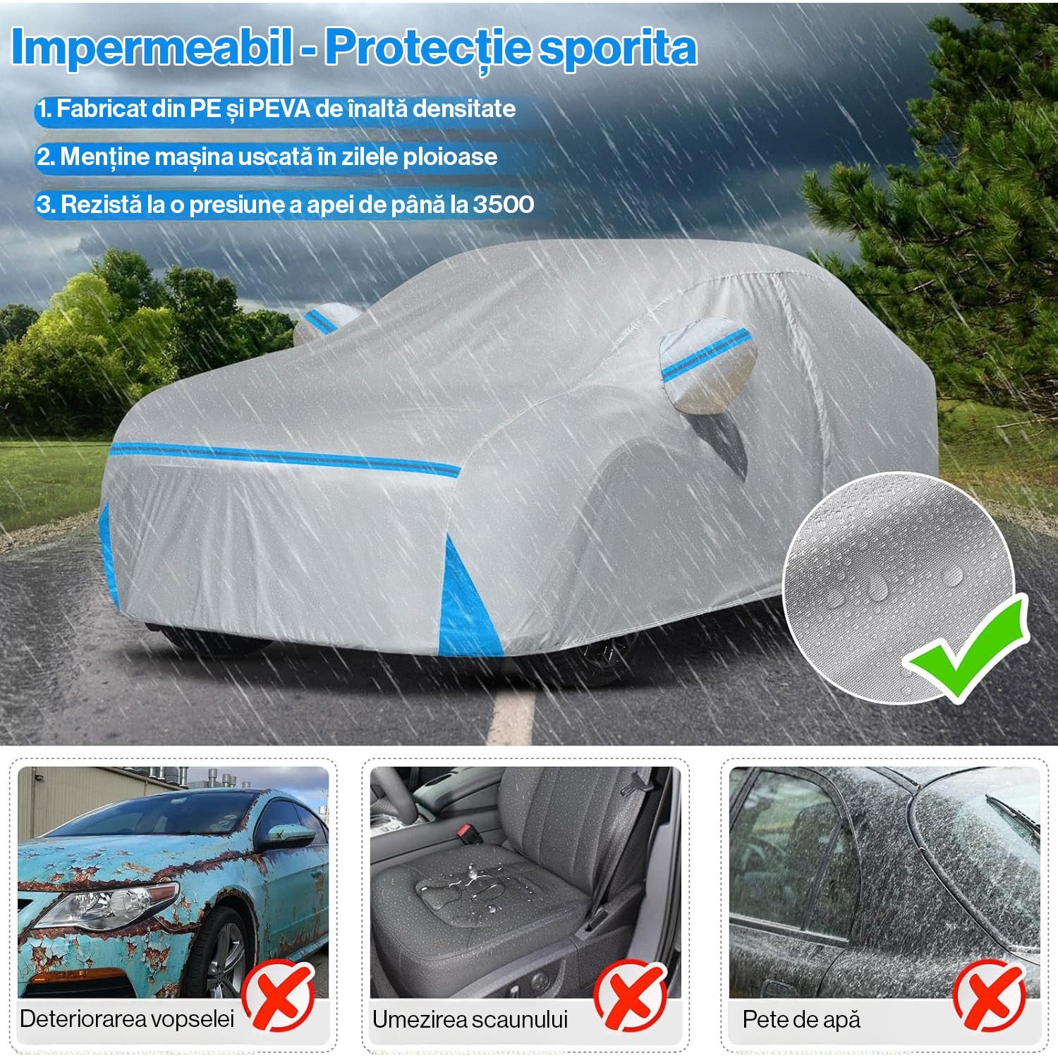 Prelata Auto Premium NextWave®️, Impermeabila, Protectie UV, Praf, Zapada, Inghet, Universala pentru Sedan, Buzunare – imaginea 3