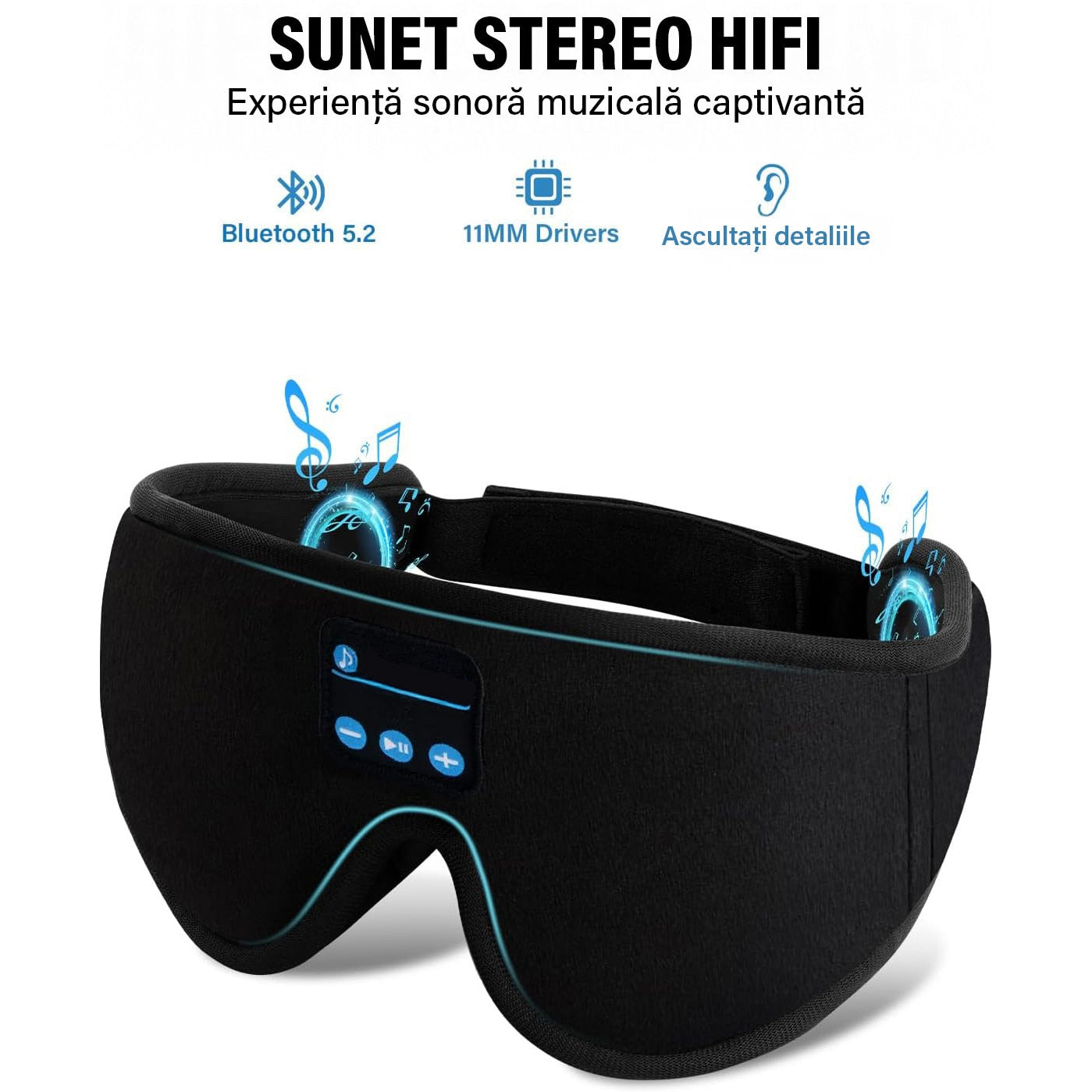 Masca de somn cu casti Bluetooth NextWave, design 3D, sunet stereo HD, negru, 24,9x10,7x3,4cm – imaginea 3