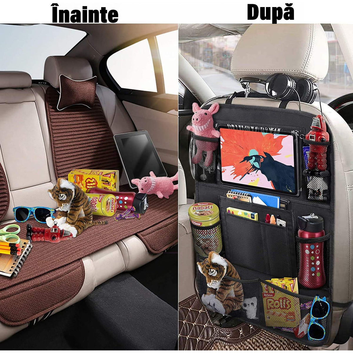 Set 2 organizatoare spatar scaun auto NextWave®️, protectie universala, buzunare multiple + buzunar mare pentru tableta – imaginea 3