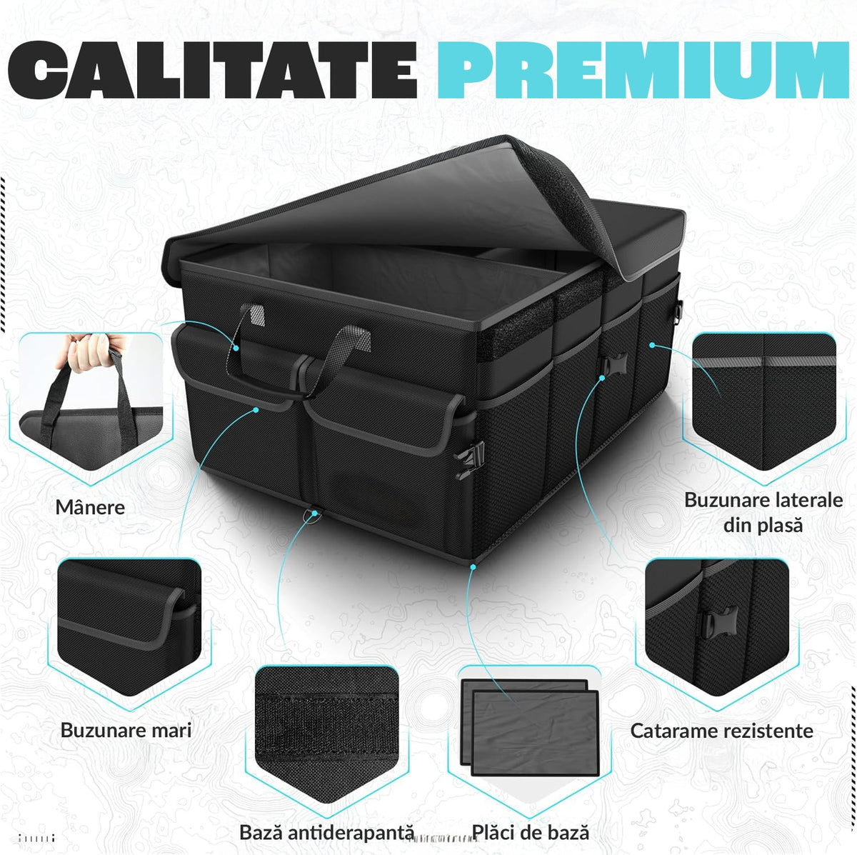 Organizator portbagaj auto pliabil NextWave®️, capacitate mare 55×40×26 cm, compartimentare cu separator detasabil, 2 placi – imaginea 3