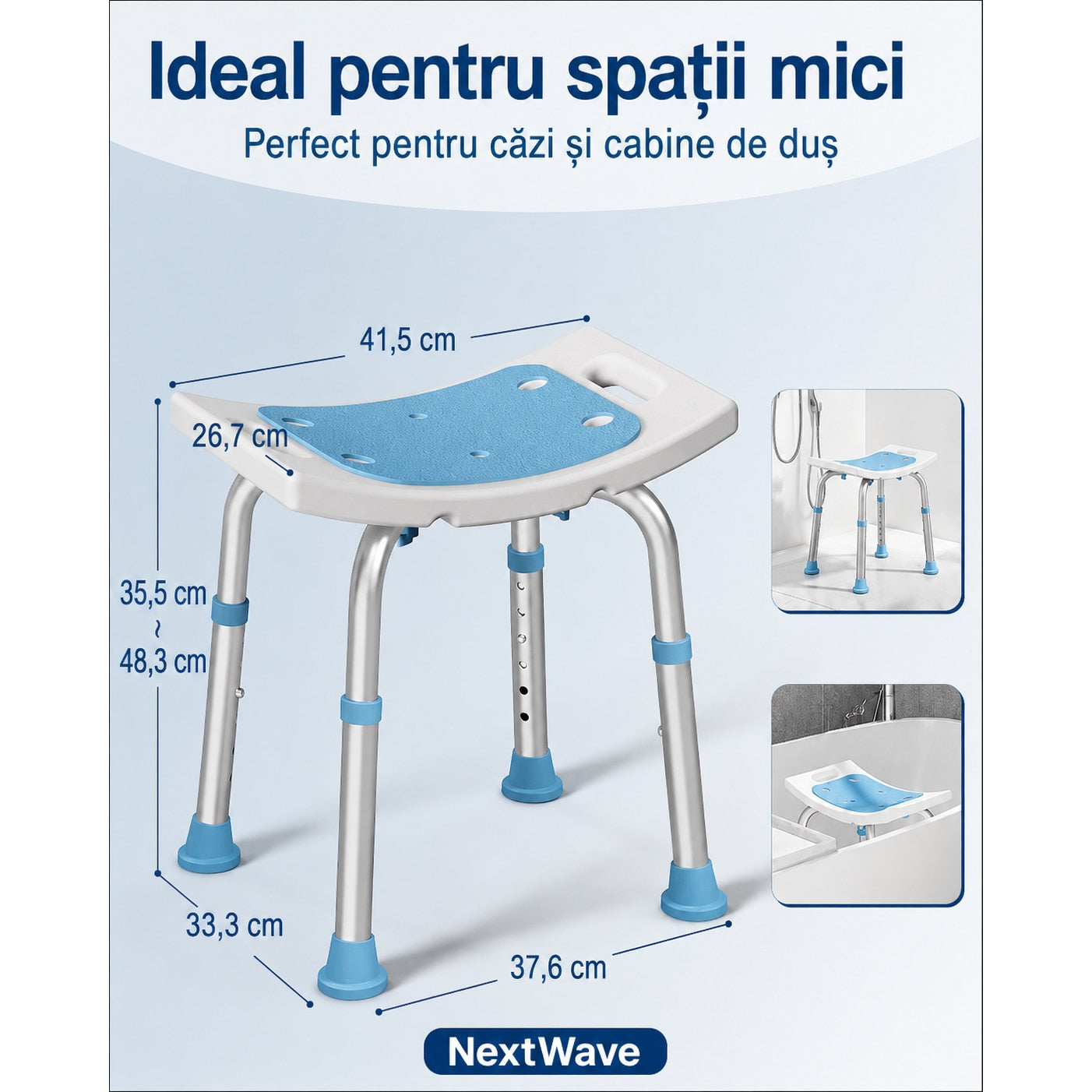 Scaun de dus NextWave® pentru baie si cada, reglabil pe inaltime, cadru rezistent din aluminiu, sezut confortabil, picioare – imaginea 3