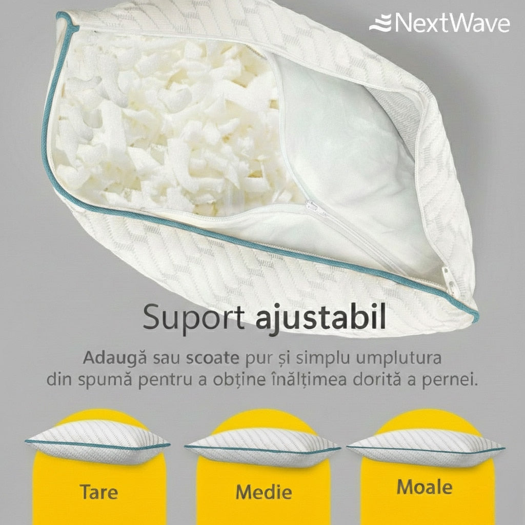 Perna ortopedica pentru dormit ajustabila NextWave®️, Spuma cu Memorie Maruntita pentru Gat si Suport Cervical, 2 Zone de – imaginea 3