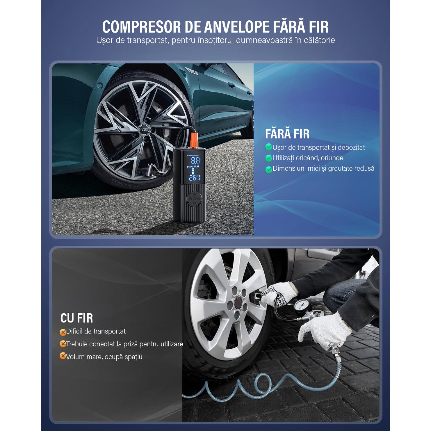 Compresor auto portabil digital NextWave®, baterie 7800 mAh reincarcabila, presiune 150 PSI, 4 moduri inteligente de – imaginea 3