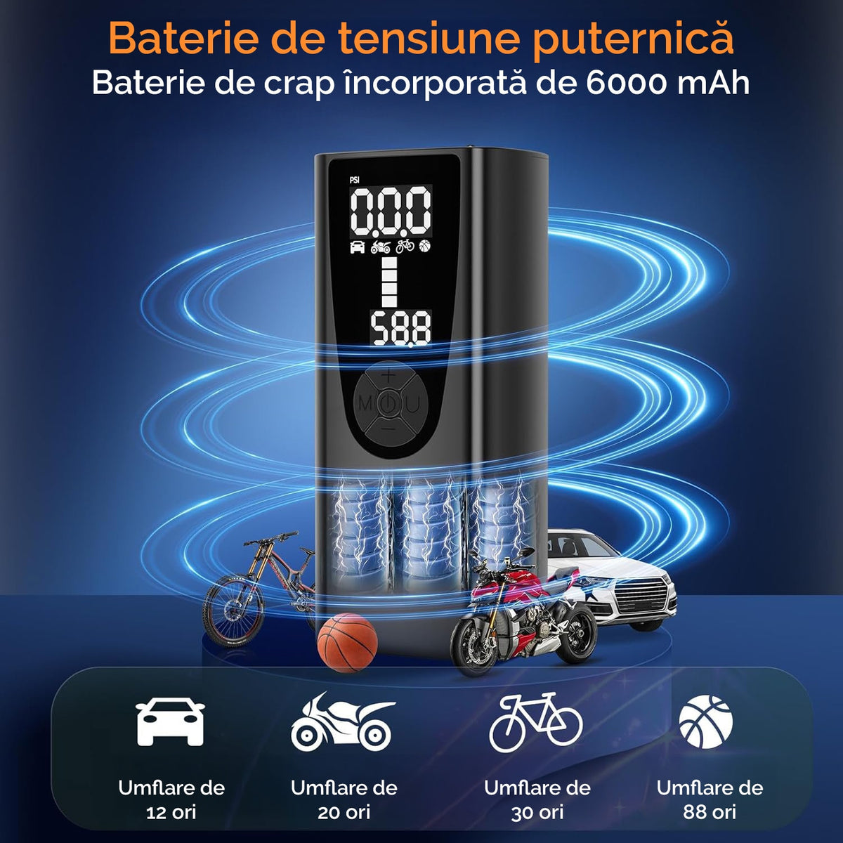 Compresor portabil electric NextWave® – pompa de aer reincarcabila 6000 mAh, presiune 0, 1-10, 3 bar (150 PSI), display – imaginea 3
