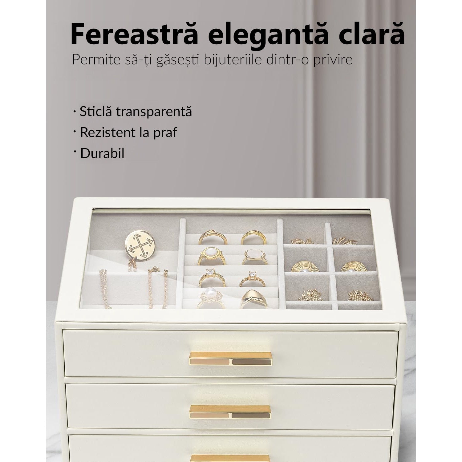 Cutie de bijuterii, organizator cu capac transparent, spatiu de depozitare 3 sertare pentru coliere, inele, cercei – imaginea 3