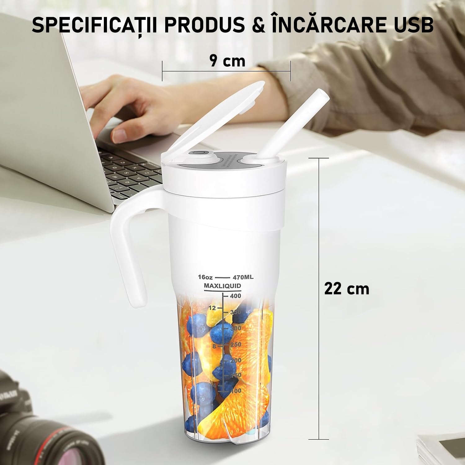 Mini Blender Electric NextWave™, Portabil, Multifunctional, Auto-curatare, Autonomie Mare, Baterie reincarcabila 4000mAh – imaginea 3