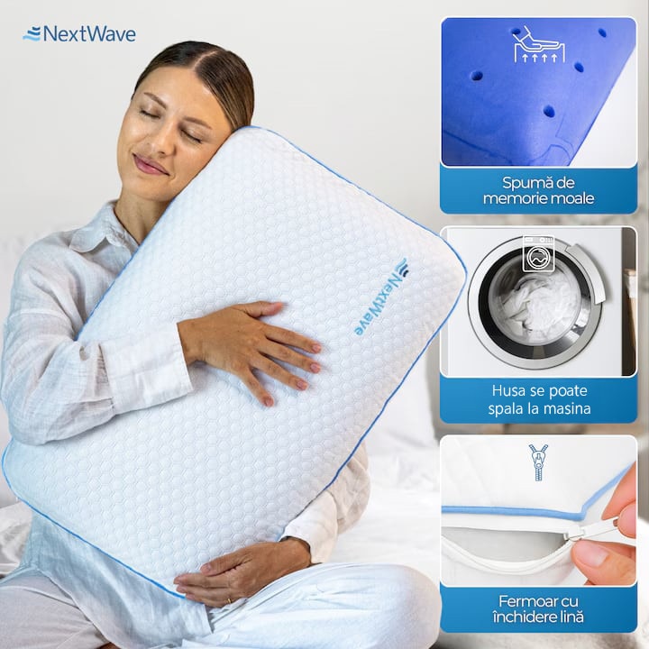 Perna ortopedica pentru dormit NextWave, Spuma cu Memorie cu gel ventilata, Husa detasabila cu 2 zone termice, ergonomica – imaginea 3