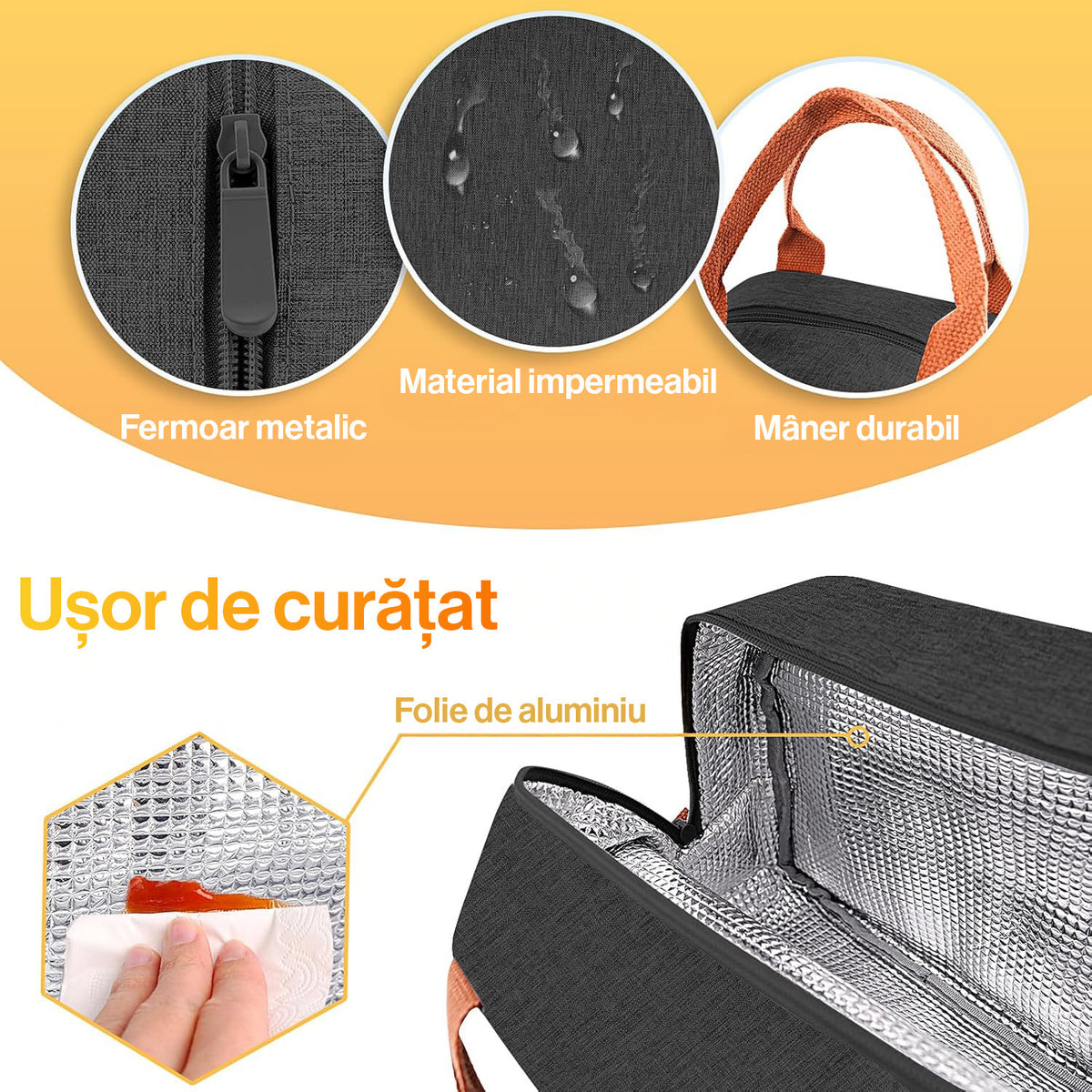Geanta termoizolanta pranz NextWave, impermeabila, material Oxford, negru, 26×23×15 cm – imaginea 3
