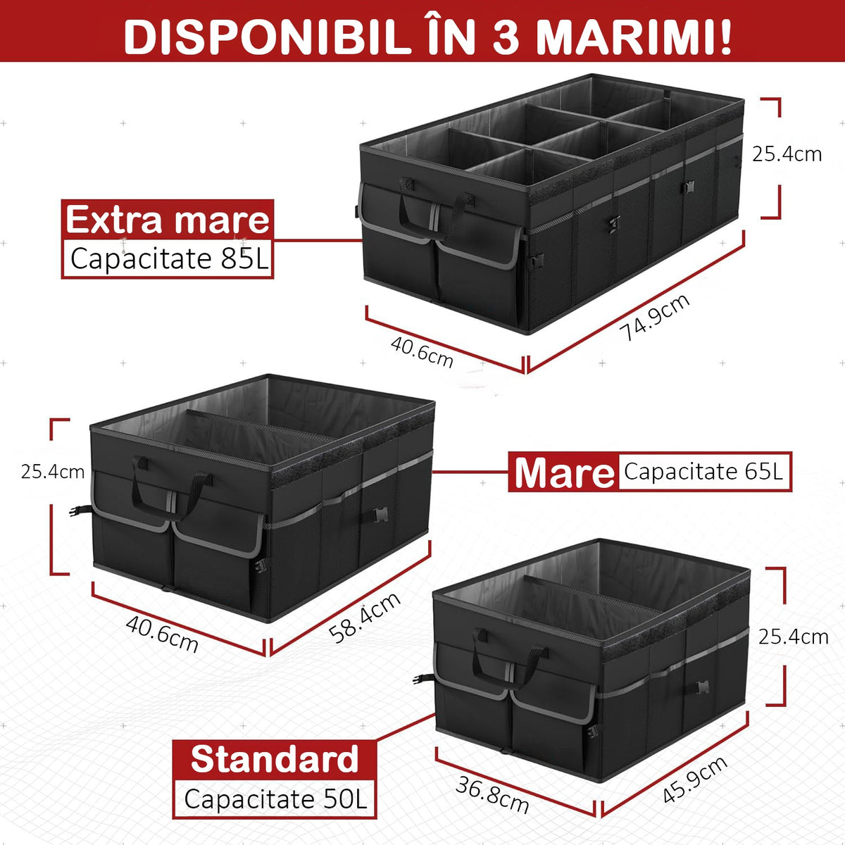 Organizator portbagaj auto NextWave®️ cu chingi de ancorare si capac, Multifunctional, Pliabil, 9 compartimente, Capacitate – imaginea 3