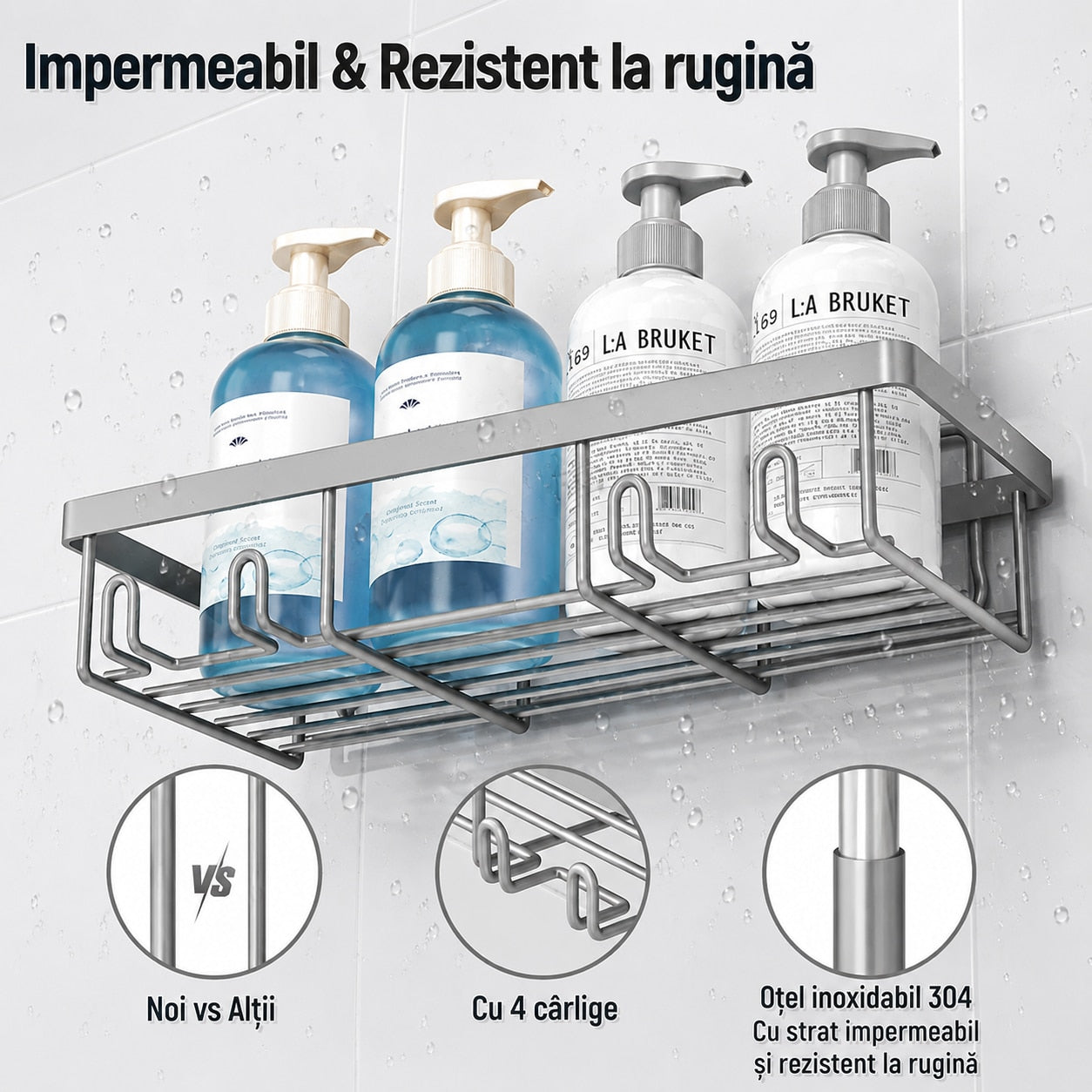 Raft de baie NextWave®, set 5 piese cu 3 etajere pentru dus, 1 suport pentru sapun si 1 suport pentru periute de dinti, din – imaginea 3