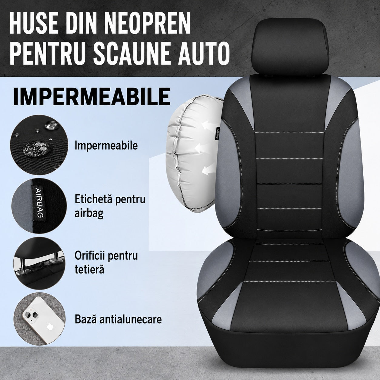 Set huse auto NextWave® pentru scaune fata, 4 piese, neopren impermeabil cu strat EVA de 5 mm, compatibile cu airbag lateral – imaginea 3