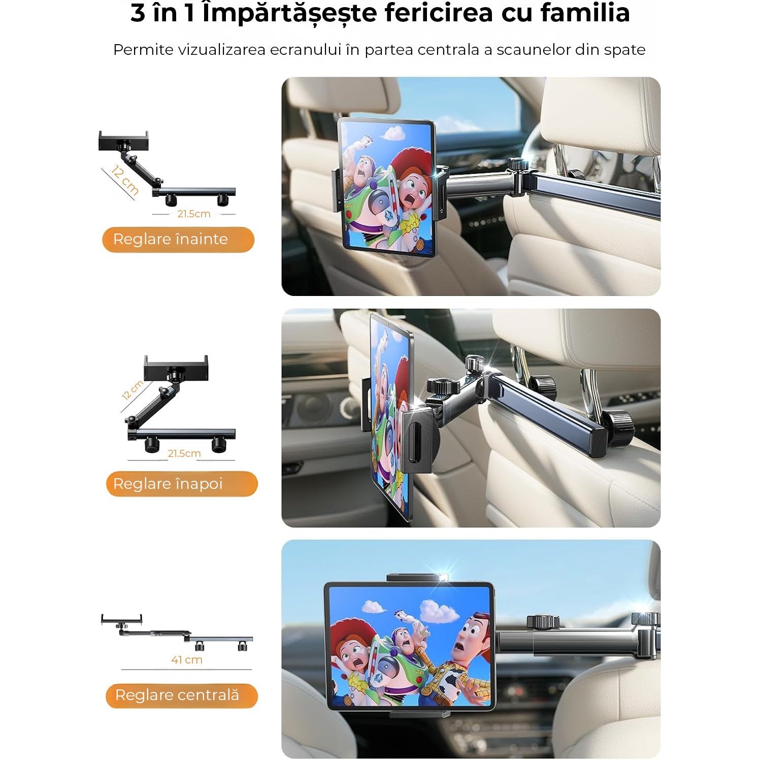 Suport auto tetiera NextWave®️, reglabil pe 3 axe pentru tablete si telefoane 4,7–11 inch, sistem metalic pliabil cu – imaginea 3
