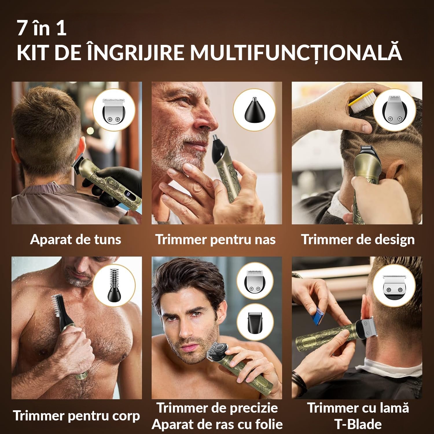 Masina de tuns si Aparat de ras BeGenius®, Multifunctionala 7 in 1, Lame Inox, Corp Metal, Profesional, Barba, Cap – imaginea 3