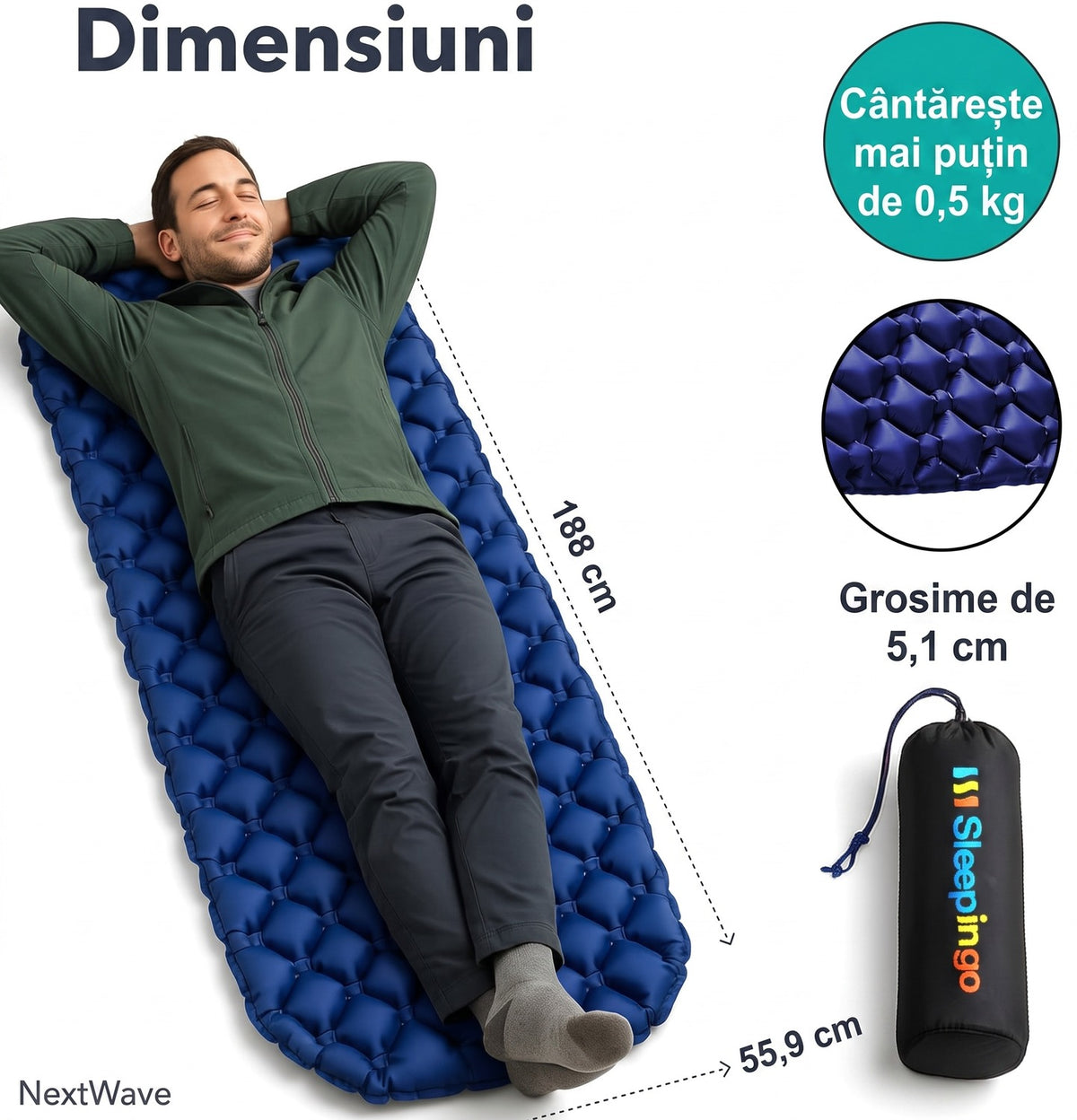 Saltea gonflabilă de camping NextWave®️, ultraușoară și compactă, impermeabilă, umflare rapidă, suport confortabil, din – imaginea 3