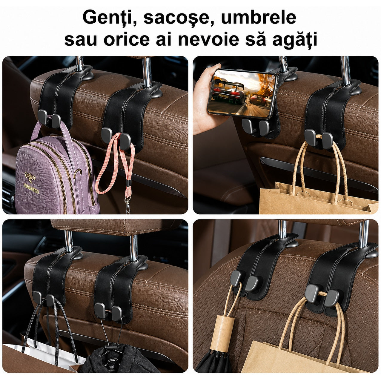 Set 2 carlige auto duble pentru tetiera NextWave®, pentru genti, sacose, haine si accesorii, aliaj de aluminiu-magneziu cu – imaginea 3