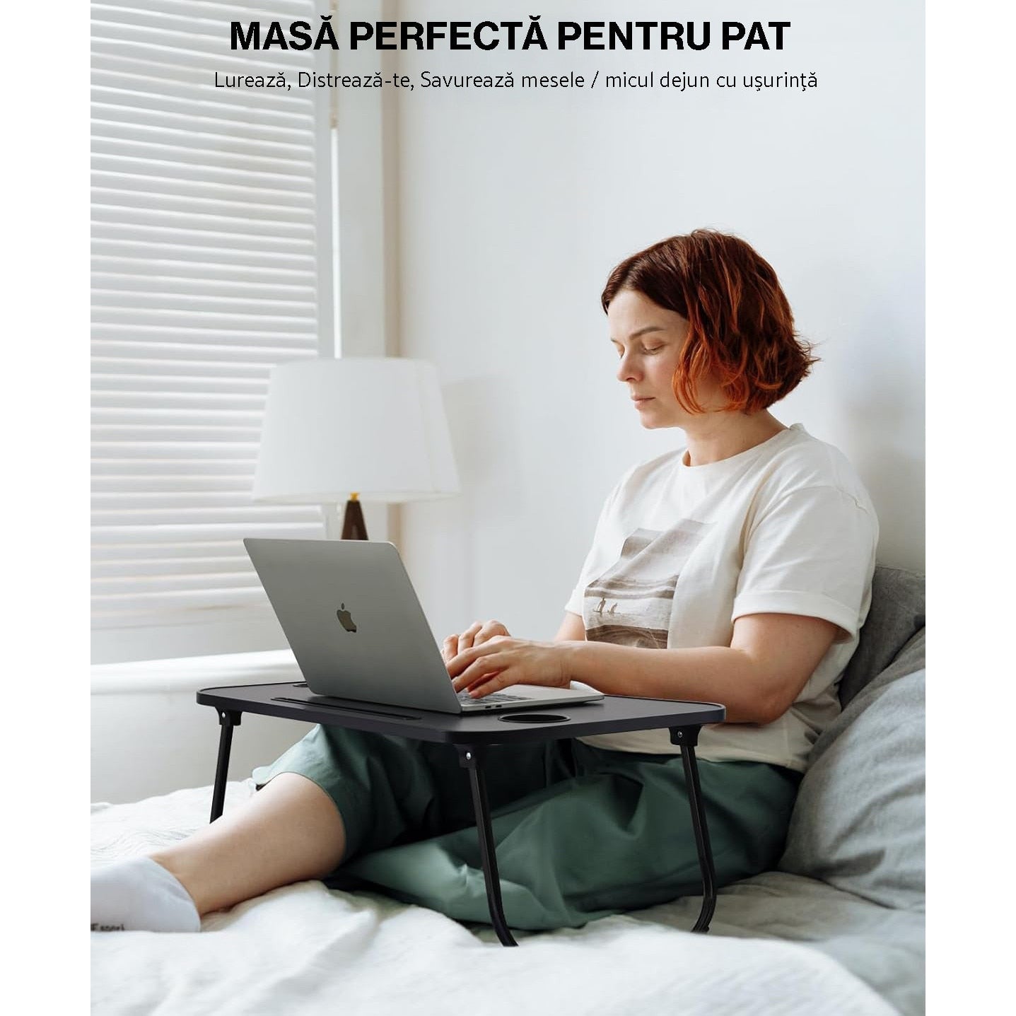 NextWave® Masa Portabila pentru Laptop 60×40 cm, Birou Lap Table pliabil cu Perna, Suport Pahar & Slot Tableta, maner de – imaginea 3