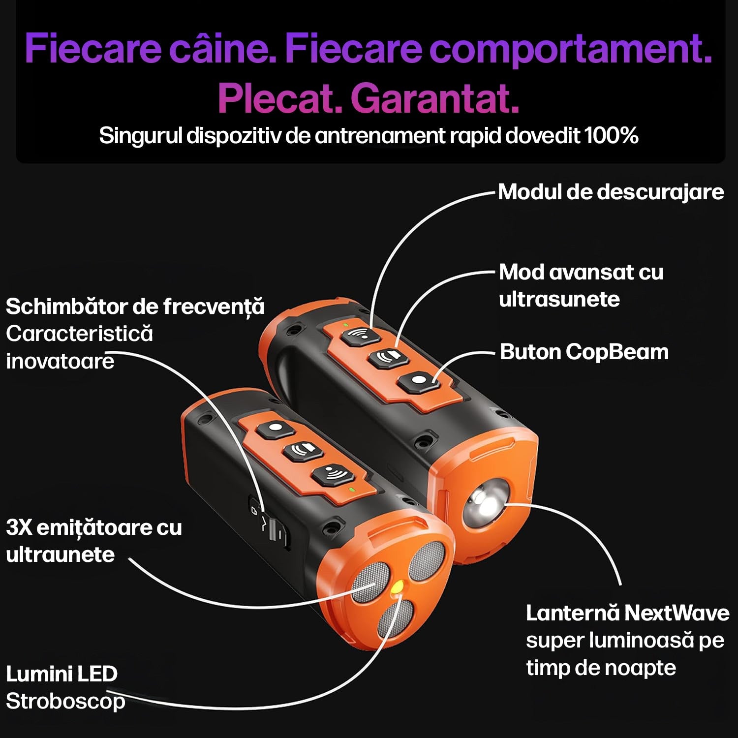 Dispozitiv antilatrat pentru caini, aparat cu ultrasunete si lanterna, 3 emitatoare sonice cu raza ultra-lung, descurajeaza – imaginea 3