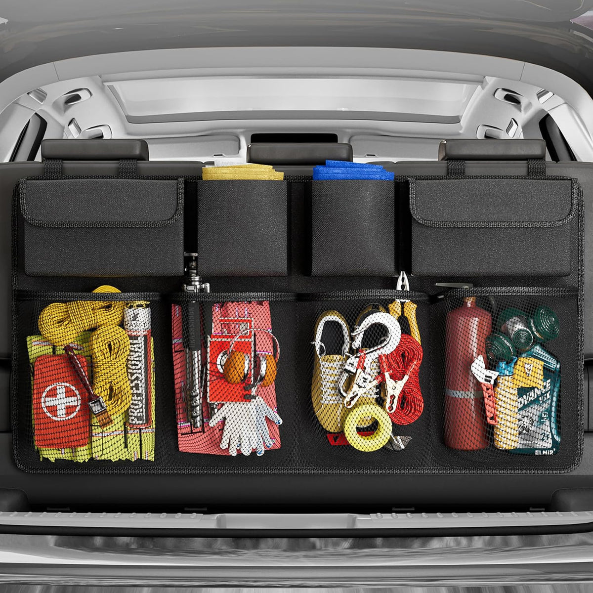 Organizator portbagaj auto suspendat NextWave®️, material Oxford 600D impermeabil, 8 buzunare incapatoare, benzi Velcro – imaginea 3