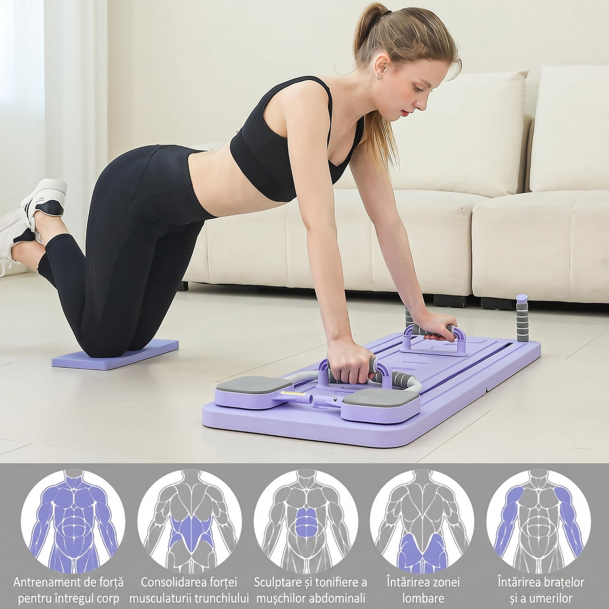 Placă Pilates Reformer NextWave®️, aparat fitness pliabil 5 în 1 pentru antrenament complet acasă, benzi elastice de – imaginea 3