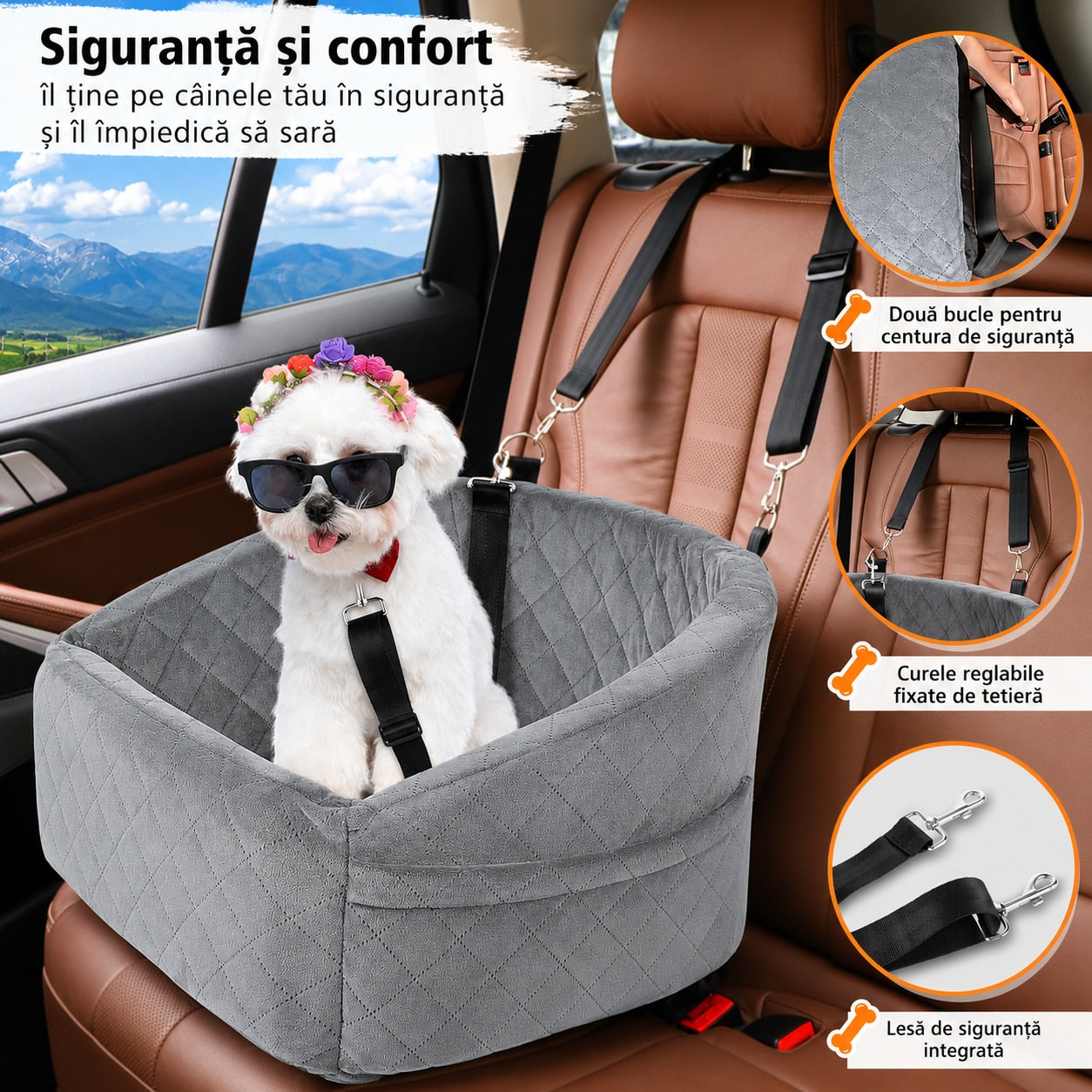 Scaun auto pentru caini NextWave®, detasabil si lavabil, pentru animale de pana la 13, 6 kg, cu centura de siguranta, curele – imaginea 3