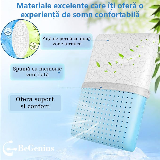 Perna ortopedica din spuma cu memorie cu gel BeGenius, Husa detasabila cu 2 zone termice, ergonomica ventilata pentru Gat si – imaginea 3