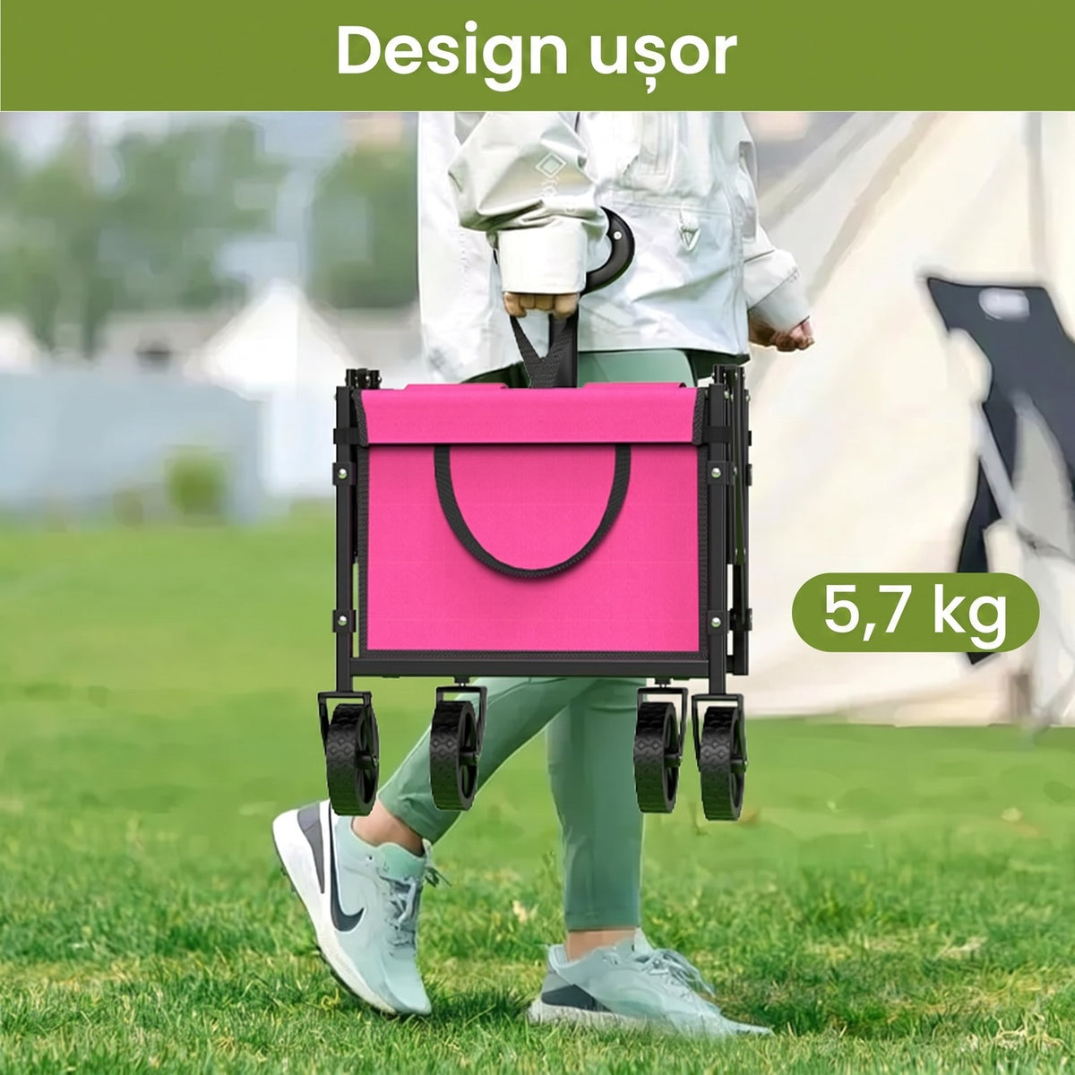 Cărucior pliabil NextWave®️, transport ușor și pliere compactă, roți rotative 360° pentru orice teren, mâner telescopic – imaginea 3