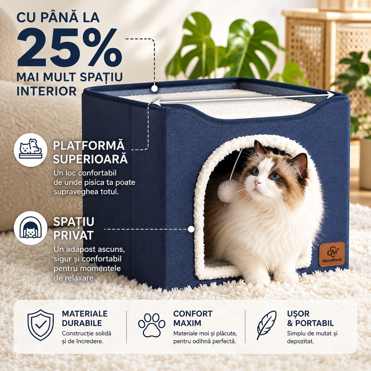 Casa pentru pisici NextWave® cu doua zone, bila pufoasa si zona de zgariat, Pliabila, Moale si pufoasa, Respirabila, Usoara – imaginea 3