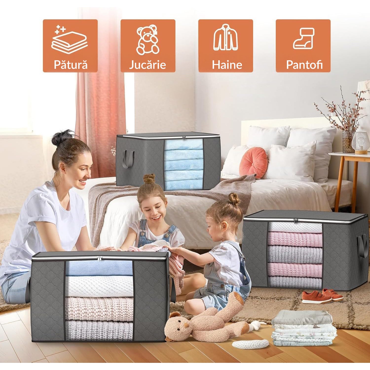 Set 8 huse depozitare cu fermoar NextWave®️, Organizator pentru haine, Cu fereastra transparenta, Rezistent la praf si – imaginea 3