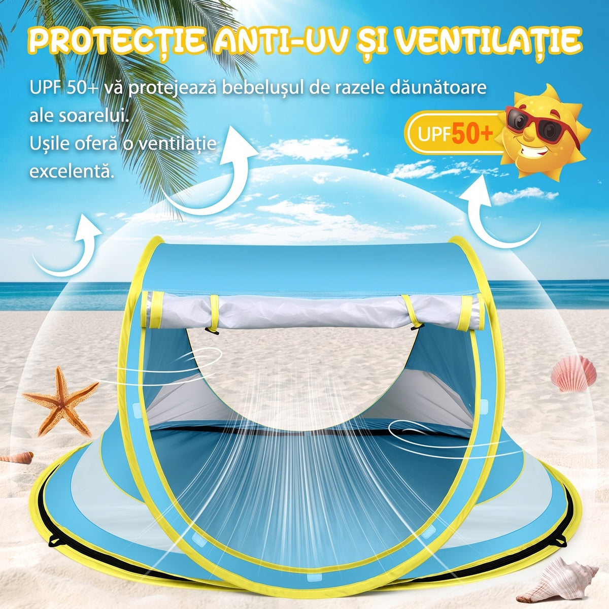 Cort de plaja pentru bebelusi NextWave®️, protectie solara UPF 50+, deschidere rapida pop-up, plasa respirabila pentru – imaginea 3