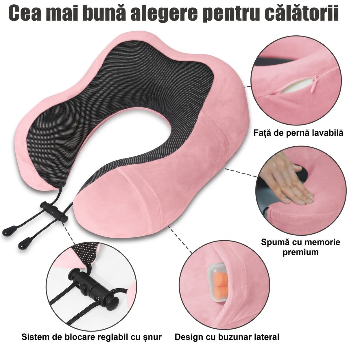Pernă de călătorie pentru gât NextWave®️, suport cervical ergonomic în formă de U, șnur reglabil, husă lavabilă din velur – imaginea 3