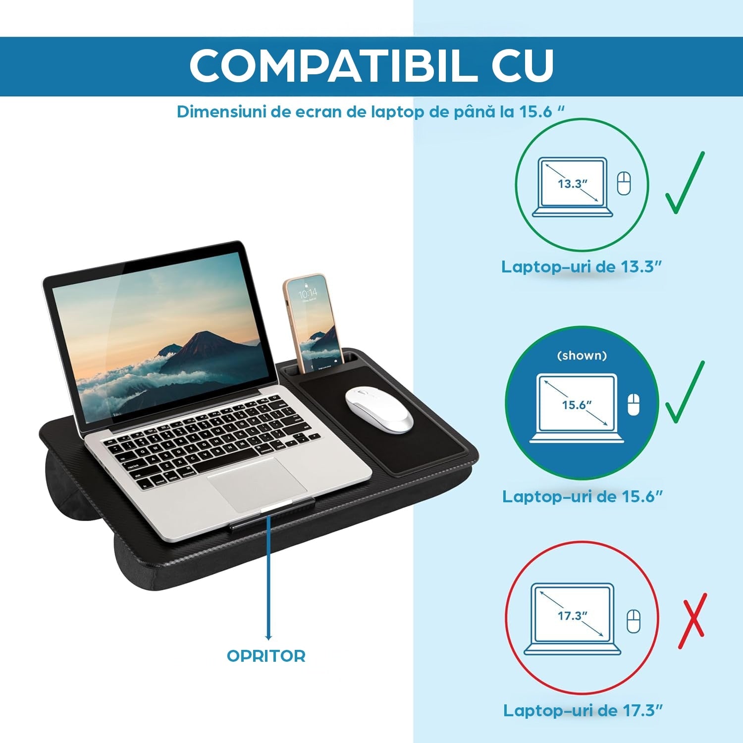 Masa laptop pentru poala NextWave®️ cu mouse pad, suport telefon, perna dubla, pentru pat, birou, canapea, masina, greutate – imaginea 3