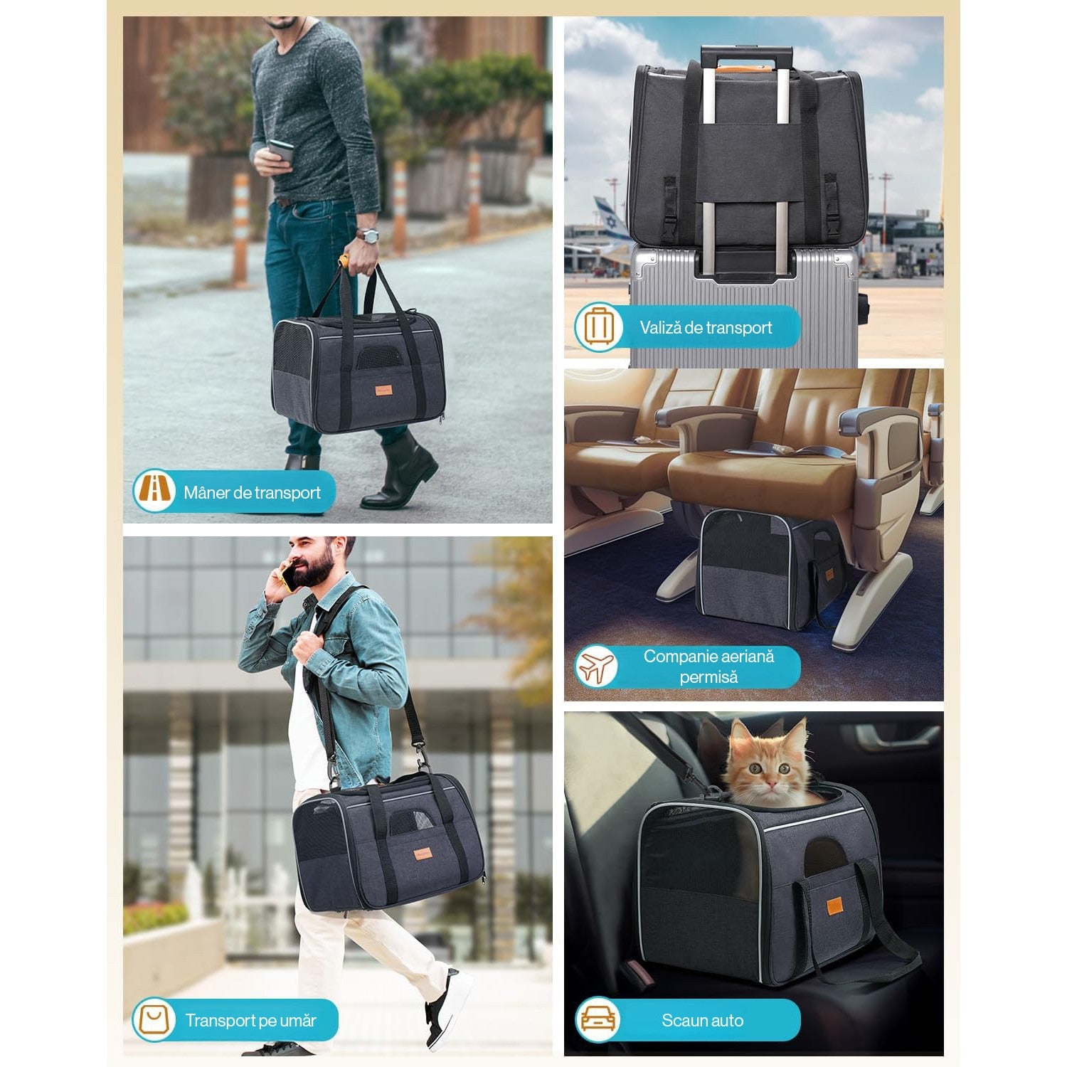 Geanta pentru transport animale mici NextWave®, pisica, caine, iepure, din panza, 45x35x33 cm, Baza rezistenta cu covoras – imaginea 3
