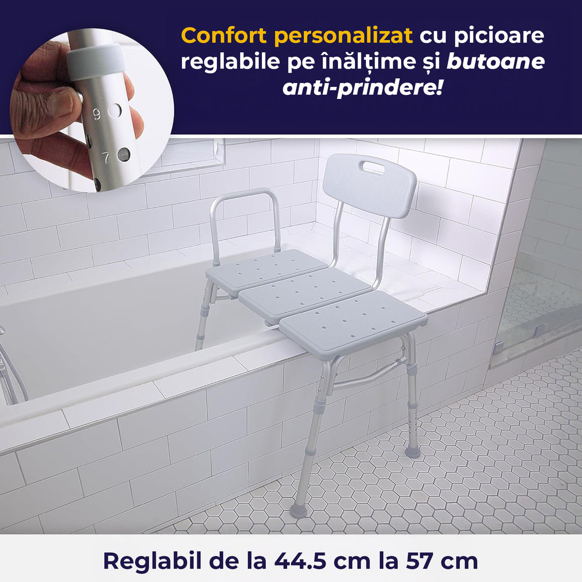 Scaun de transfer pentru cada si dus NextWave® cu 3 piese, spatar si brate laterale, ajustabil pe inaltime, stabil si sigur – imaginea 3