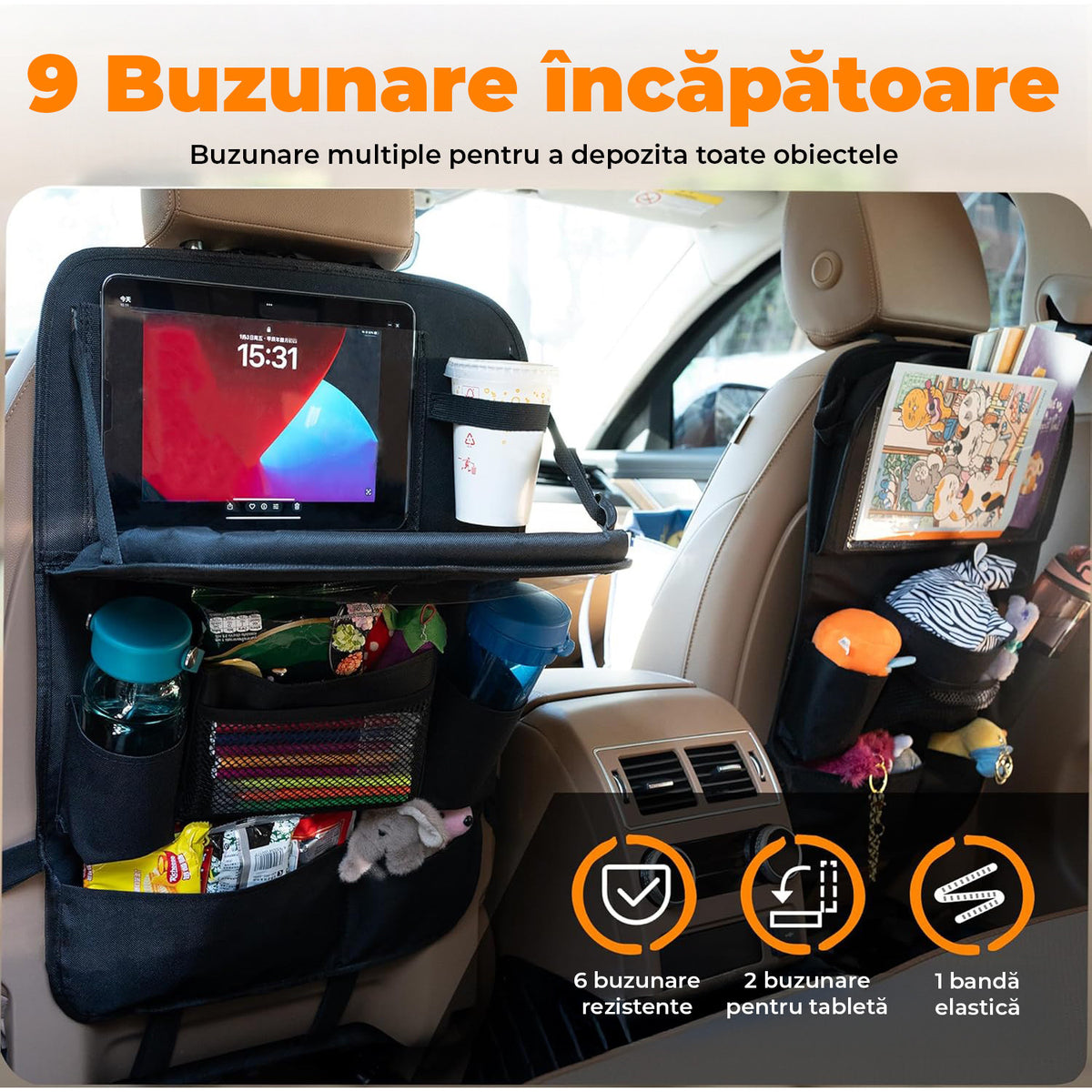 Husa spatar scaun auto NextWave®️, husa protectoare impermeabila pentru scaune, tava pliabila tip masa pentru tableta sau – imaginea 3