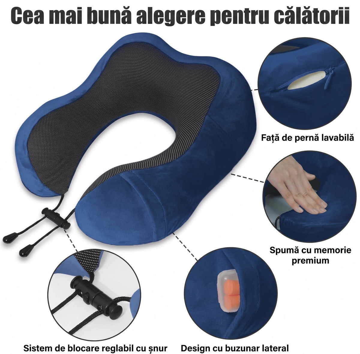 Pernă de călătorie pentru gât NextWave®️, suport ergonomic cervical, spumă cu memorie, husă din catifea detașabilă și – imaginea 3