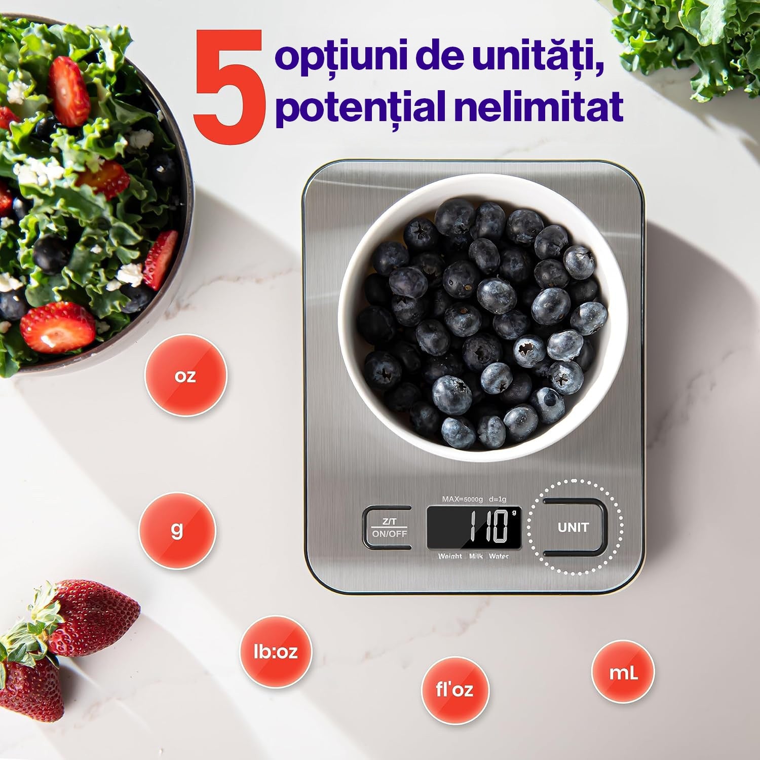 Cantar de bucatarie digital NextWave® din otel inoxidabil 304 – capacitate 5 kg cu precizie de 1 g, display LCD iluminat, 5 – imaginea 3