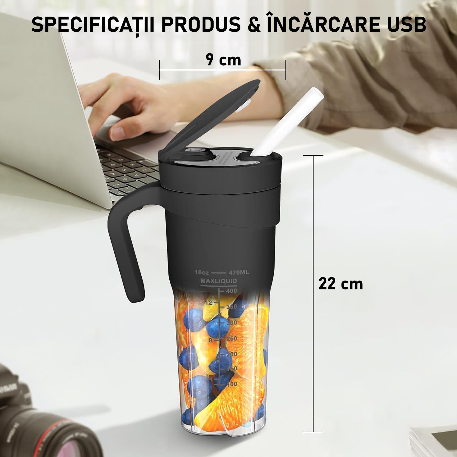Blender electric portabilMini Blender Electric NextWave™, Portabil, Multifunctional, Auto-curatare, Autonomie Mare, Baterie – imaginea 3