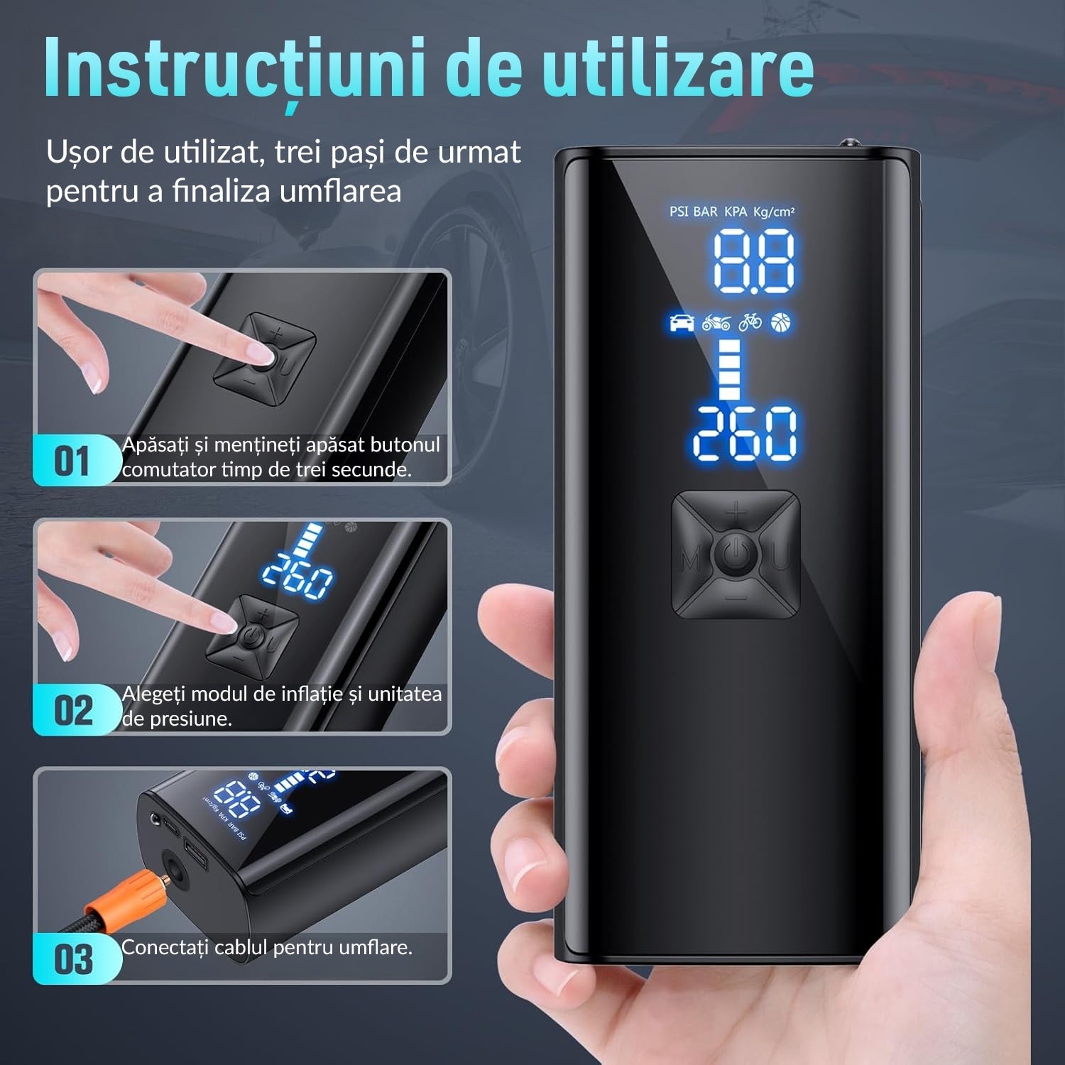 Compresor Auto Portabil Digital NextWave cu accumulator, 150PSI/10 Bari, Baterie Reincarcabila, pentru Anvelope Auto – imaginea 3