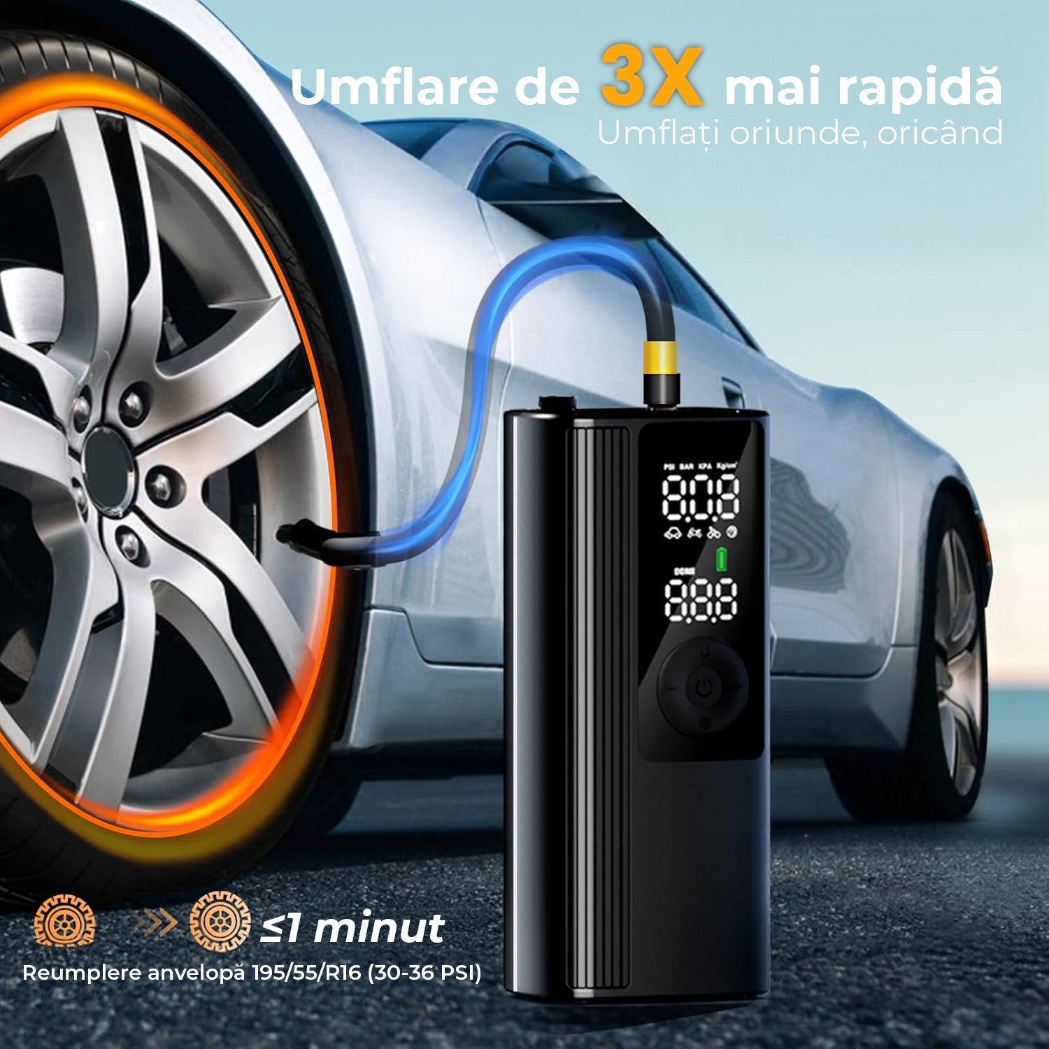 Compresor auto portabil NextWave, 150 PSI, manometru digital, iluminare LED, Negru, 22,2x8,4x14,2cm – imaginea 3