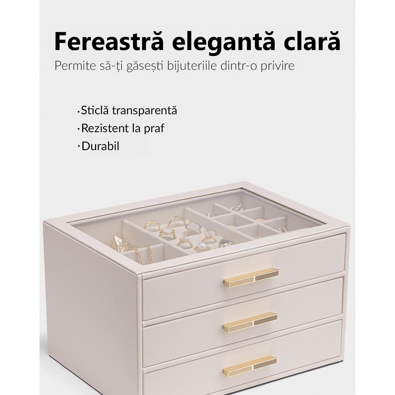 Cutie de bijuterii, organizator cu capac transparent, spatiu de depozitare 3 sertare pentru coliere, inele, cercei – imaginea 3